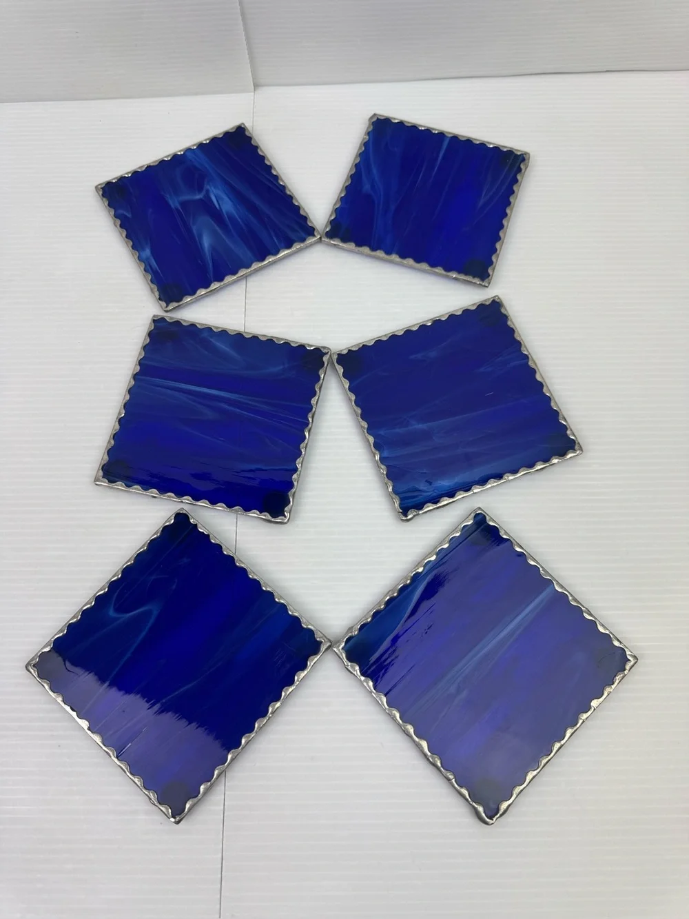 VTG Lot Of 4 Stained Glass Blue Marble Looking Coasters Metallic Boarder 4”Decor